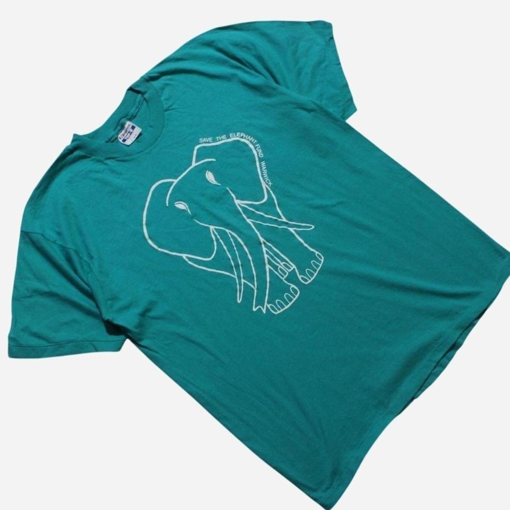Mens Vintage 90s Teal Single Stitch Elephant Animal Nature T-shirt